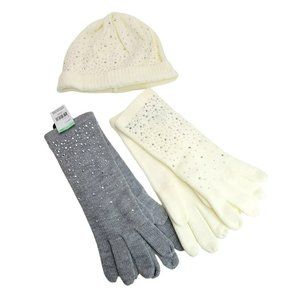 Cream and Gray Hat and Gloves Set Silver Metallic Embellished Dh836